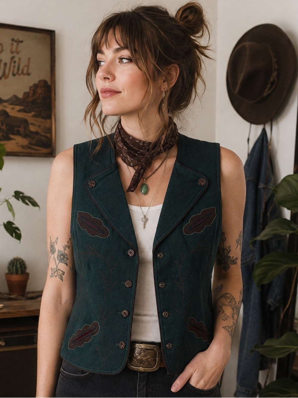 Vintage Cambridge dry goods wool Dark Green Embroidered Women's western Vest